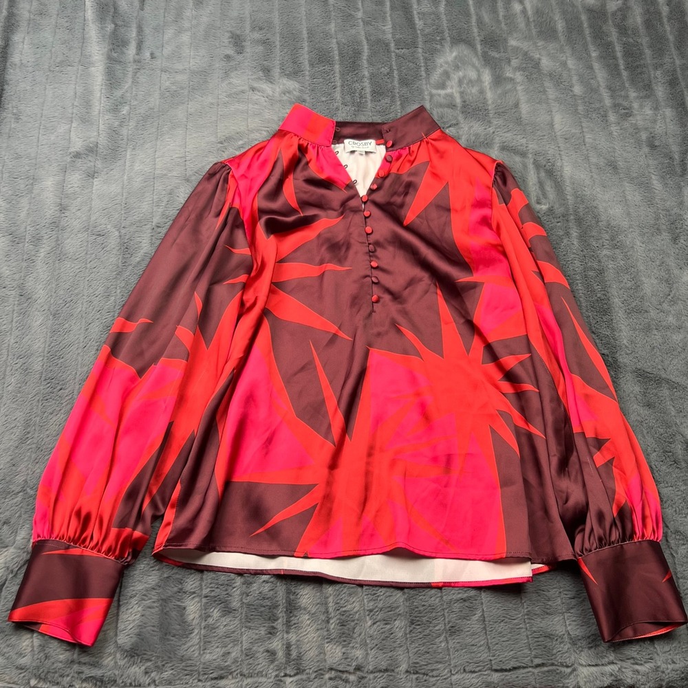 Crosby by Mollie Burch Red Burgundy Starburst Satin Mock Neck Blouse Large